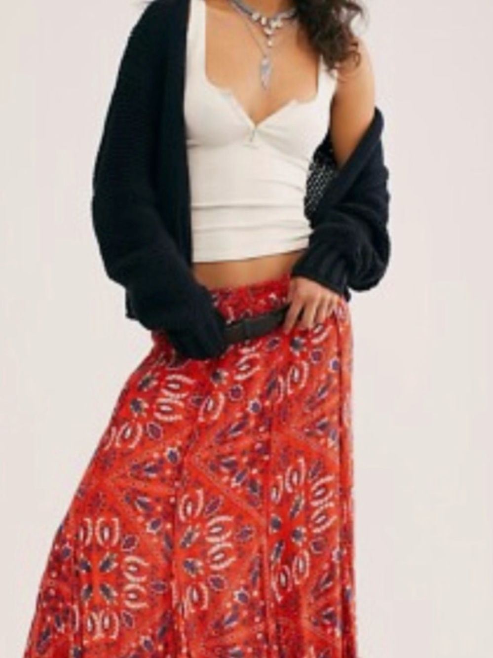 Free People Red Printed Boho Maxi Skirt